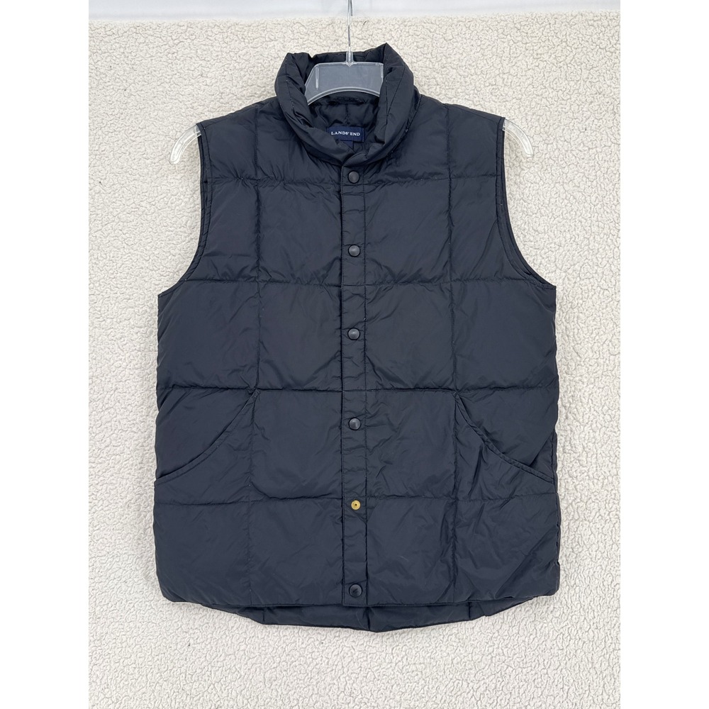 Lands' End Men Size S Down Puffer Vest Black Full Snap Pockets Sleeveless Jacket